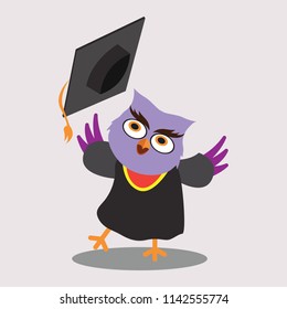 cute owl throwing campus cap and gown,mortar board for education concept. vector illustration