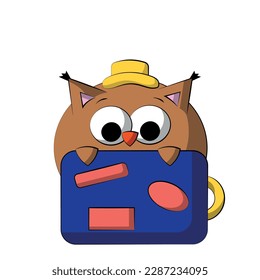 Cute Owl with travel suitcase and hat in color