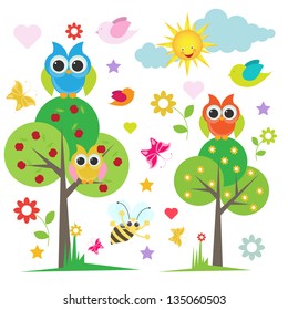 cute owl with trees and and birds