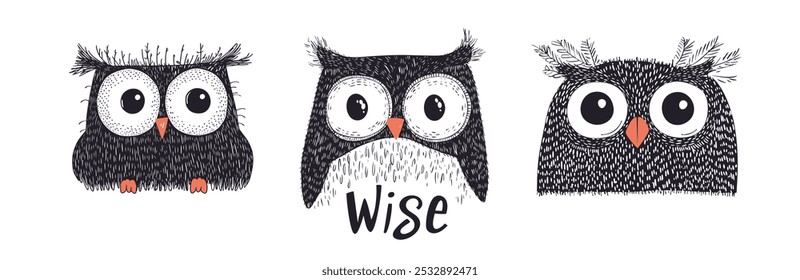 Cute Owl Trio Illustrations with Wise Theme for children s designs, educational material, or playful decoration.