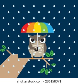 Cute owl with umbrella. Vector illustration