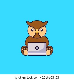 Cute owl using laptop. Animal cartoon concept isolated. Can used for t-shirt, greeting card, invitation card or mascot.