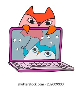 Cute owl using a notebook computer. Bird have a video chat ( or movie at home) . Cartoon vector illustration. Eps 10. On white. As icon, decoration element, postcard, for print.