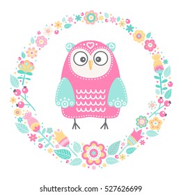 Cute owl. Vector card with hand drawn bird and floral wreath. Pastel colors - yellow, pink, white, green, brown. Illustration in flat style. Isolated. On white background.