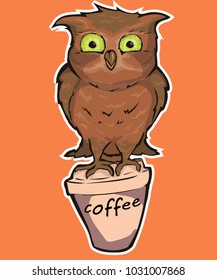 Cute Owl. Vector Owl, cartoon bird t-shirt design,character Owl with coffee, hand drawn owl