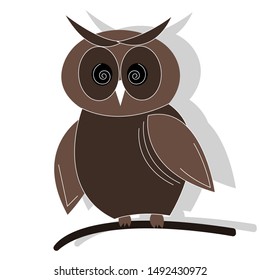 Cute owl vector cartoon illustration. Wild zoo animal icon. Fluffy adorable bird looking straight. Isolated on white. Forest fauna childish character. Simple flat design element for kids
