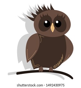 Cute owl vector cartoon illustration. Wild zoo animal icon. Fluffy adorable bird looking straight. Isolated on white. Forest fauna childish character. Simple flat design element for kids