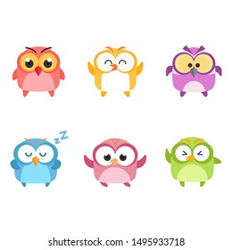 Cute owl vector. Vector collection bright owls.  Colorful cartoon funny owl set isolate on white background.