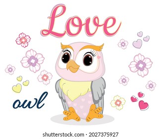 Cute owl vector illustration with cute background. Perfect for greeting cards, party invitations, posters, stickers, pin, scrapbooking, icons.