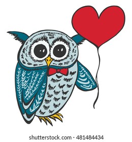 Cute owl vector illustration. Hand drawn card with bird and heart for Valentines day, t-shirt graphics. Romantic sketch background.