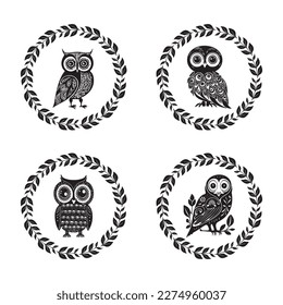 Cute owl vector illustration set in wreath. Low brow ornithology wildlife motif collection