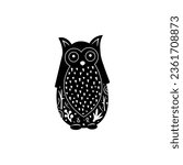 Cute owl vector illustration with white floral elements. Owl isolated vector illustration in linocut style. Vintage stamp design for print. Modern boho decorative linocut. 