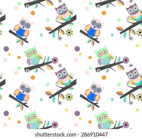 Cute owl vector seamless pattern on a white background