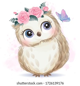 Cute owl and watercolor effect