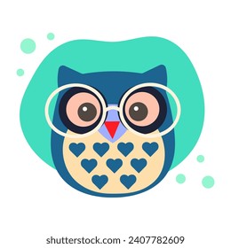 Cute owl wearing glasses with hearts. Vector flat style illustration.