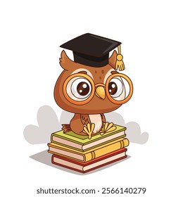 A cute owl wearing a graduation cap is perched adorably on a stack of books, symbolizing knowledge and learning