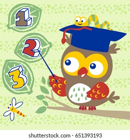 Cute owl wearing graduation hat with bugs learning mathematics, vector cartoon illustration