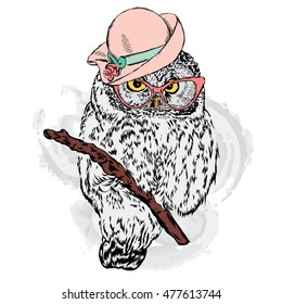 Cute owl wearing a hat and sunglasses. Vector illustration for greeting card, poster, or print on a postcard.