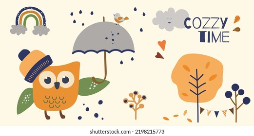 Cute owl wearing hat with umbrella in rainy autumn day vector paint. Cartoon bird with rainbow and yellow tree in fall season