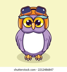 Cute owl wearing helmet with innocent face cartoon illustration