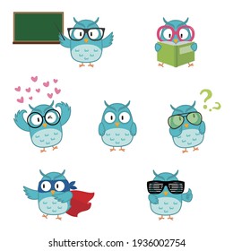 Cute owl wearing various glasses