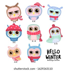 Cute owl with winter costume. Animal holidays cartoon character. -Vector