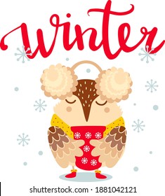 Cute owl in winter. Funny bird wearing earmuffs, holdind mug of tee or coffee. Cartoon character, vector illustration, isolated on white background