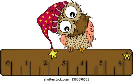Cute owl with winter hat on brown ruler

