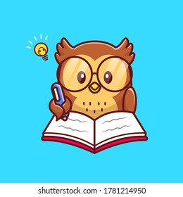 Cute Owl Writing On Book With Pen.  Cartoon Vector Icon Illustration. Animal Education Icon Concept Isolated Premium Vector. Flat Cartoon Style