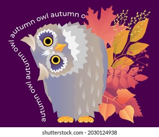 Cute Owl with yellow eyes and autumn leaves on a dark purple background. Fall postcard. Perfect for autumn banner or poster