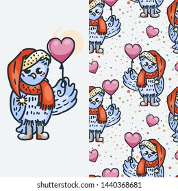 Cute owlet with balloon. Cartoon hand drawn seamless vector illustration. Nice for t-shirt print, kids wear fashion design, clip-art, baby shower invitation cards