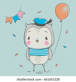 Cute owlet with a balloon cartoon hand drawn vector illustration. Can be used for t-shirt print, kids wear fashion design, baby shower invitation card.