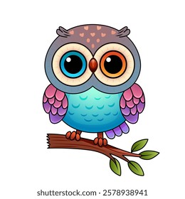 cute owlet character for kids print. bird sitting on a branch. vector illustration on white background