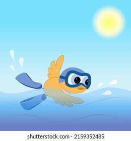 Cute owlet enjoys swimming in flippers in the blue sea.