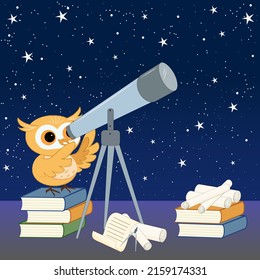 Cute owlet explores the infinite universe looking through a telescope.