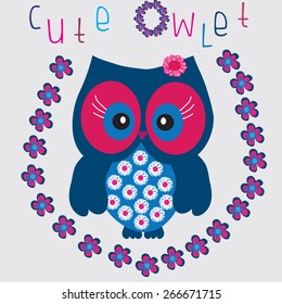 cute owlet with flowers vector illustration