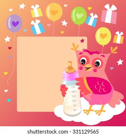 Cute Owlet With Milk Bottle. Welcome Baby Girl Card. Vector Illustration. Cute Owl Drawings. Cute Owl Cartoon. Cute Owl Picture For Kids. Welcome Baby Card Ideas. Baby Girl Card Design.