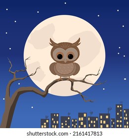 Oleada dulce sobre una rama de árbol en una luna llena lejos de la luz de la ciudad.