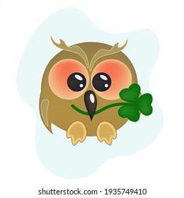 A cute owlet with a shamrock in its beak. Smiling kind cartoon character. Isolated vector illustration with funny bird for St. Patrick s Day.