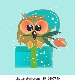 Cute owlet with a tulip in its beak. Cartoon character sitting on a gift box. This is a positive wise bird. Vector isolated illustration on blue background.