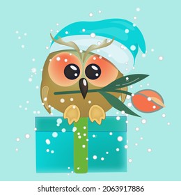 Cute owlet with a tulip in its beak. Cartoon character sitting on a gift box. This is a positive wise bird. Vector isolated illustration on blue background.