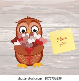 Cute owlet waiting to give a  of flowers of hearts as a gift for Valentine's Day. Yellow sheet of paper for notes. Sticker.I love you. Greeting card. Vector illustration on a wooden background.