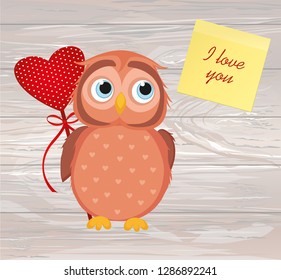 Cute owlet waiting to give heart a gift for Valentine's Day. Greeting card. Empty space  Yellow sheet of paper for notes. Sticker. I love you. Vector illustration on a wooden background.