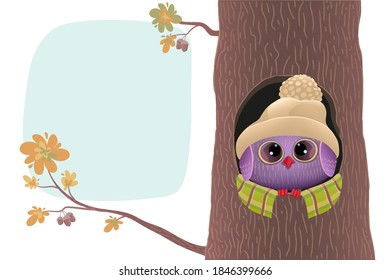 A cute owlet in a warm hat sits in the hollow of an oak tree. Stock vector illustration