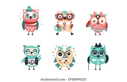 Cute Owlets Set, Amusing Colorful Owl Birds Cartoon Vector Illustration