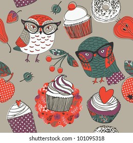 cute owls with assorted cakes and fruits