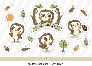 Cute owls baby forest animal character stickers and icon collection. Cartoon illustration of owl characters with different poses. Hand drawn print template design vector illustration.