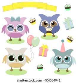 Cute owls with balloons and cake and gift box