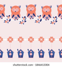 Cute Owls Bird House Vector Seamless Horizontal Borders Set