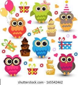 cute owls birthday elements